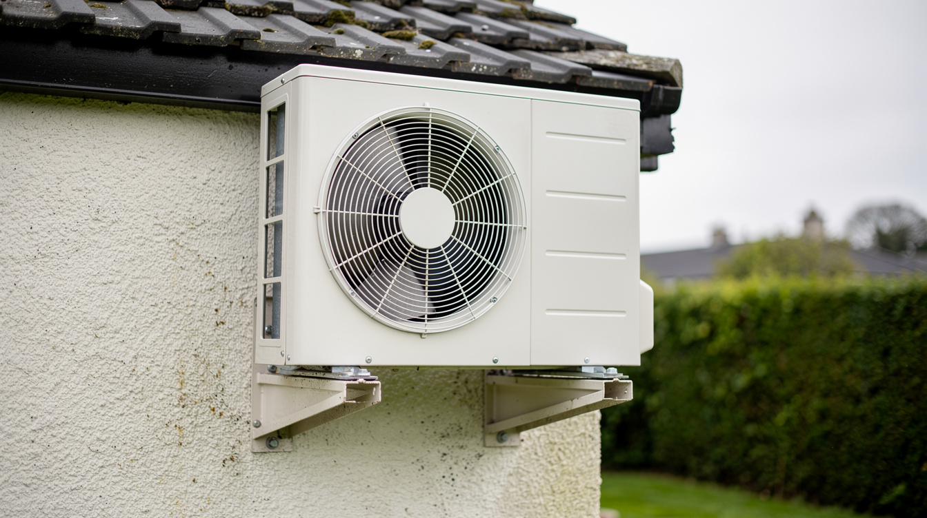 Outdoor heat pump condenser unit installed on Irish house wall