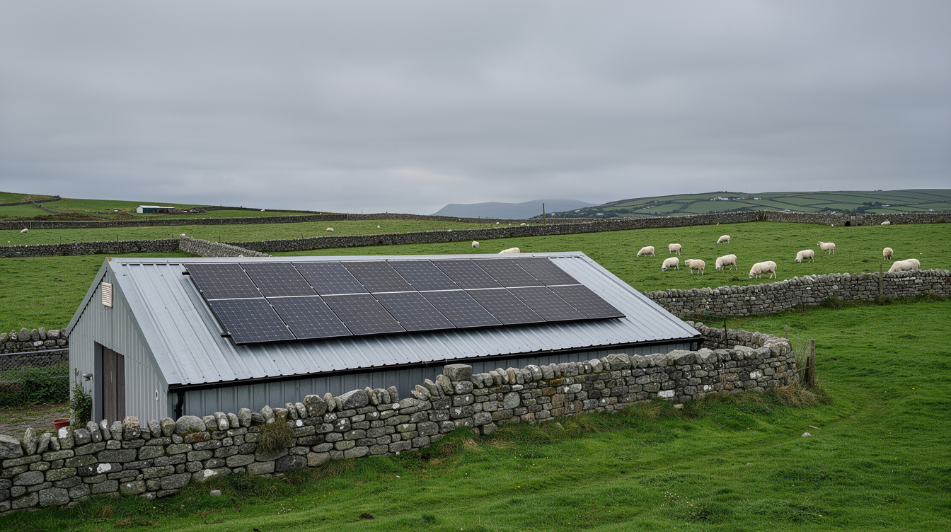 Solar panels on an Irish sheep farm outbuilding with light rear reflection potential
