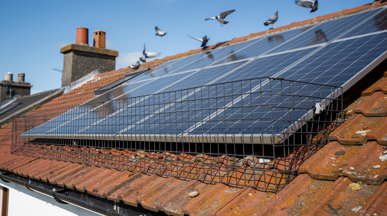 Wire mesh perimeter around solar panels on an Irish tiled roof