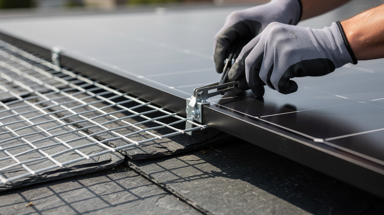 Solar installer fitting bird proofing mesh to solar panel edge