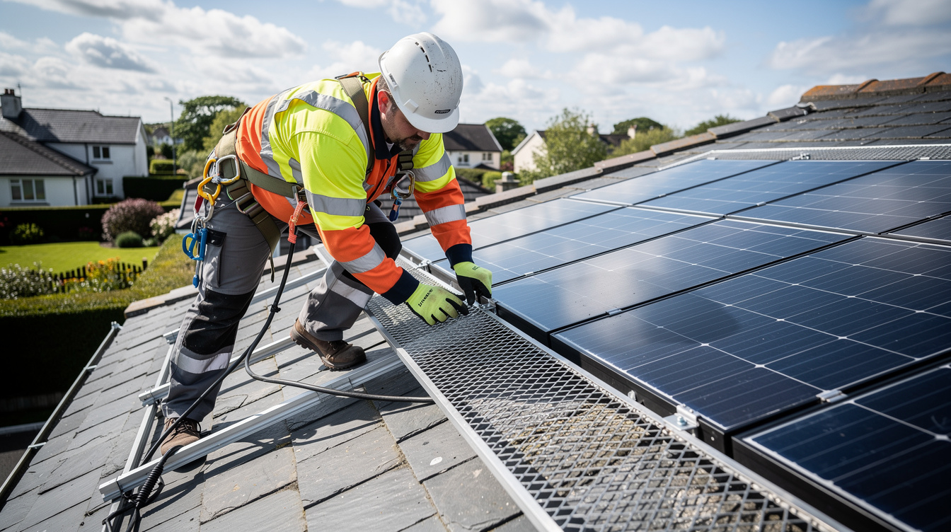 Installer in hi-vis vest fitting a stainless steel bird proofing mesh around solar panels on an Irish home