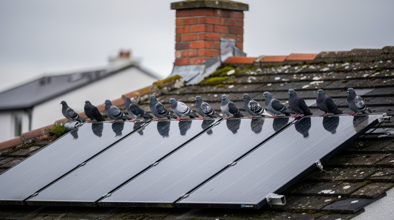 Row of pigeons perched on the edge of solar panels on an Irish suburban house with a red brick chimney
