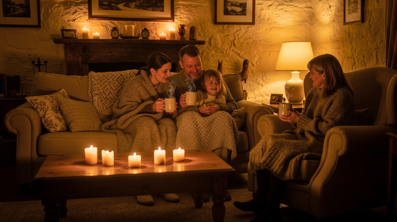 Irish family with candles and blankets during a winter power cut