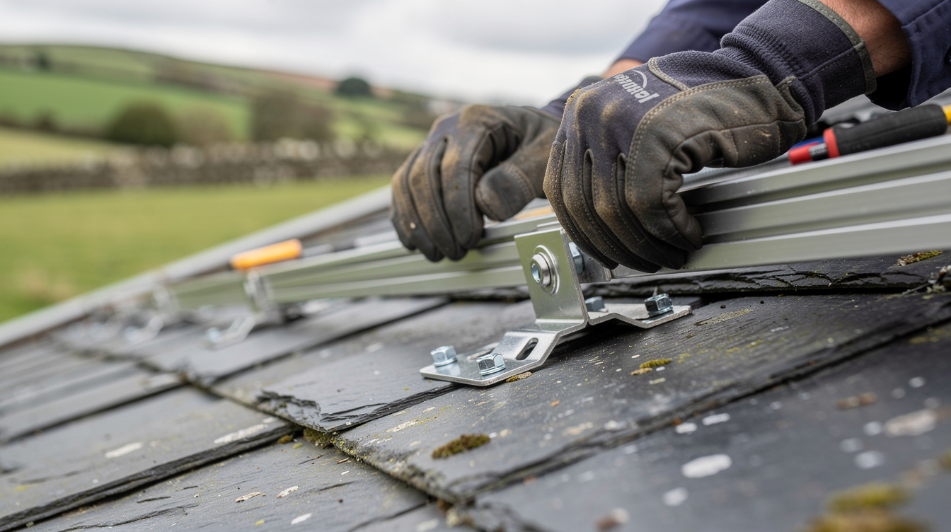 Close-up of gloved hands fitting solar panel mounting bracket to slate roof rails, Irish countryside blurred behind