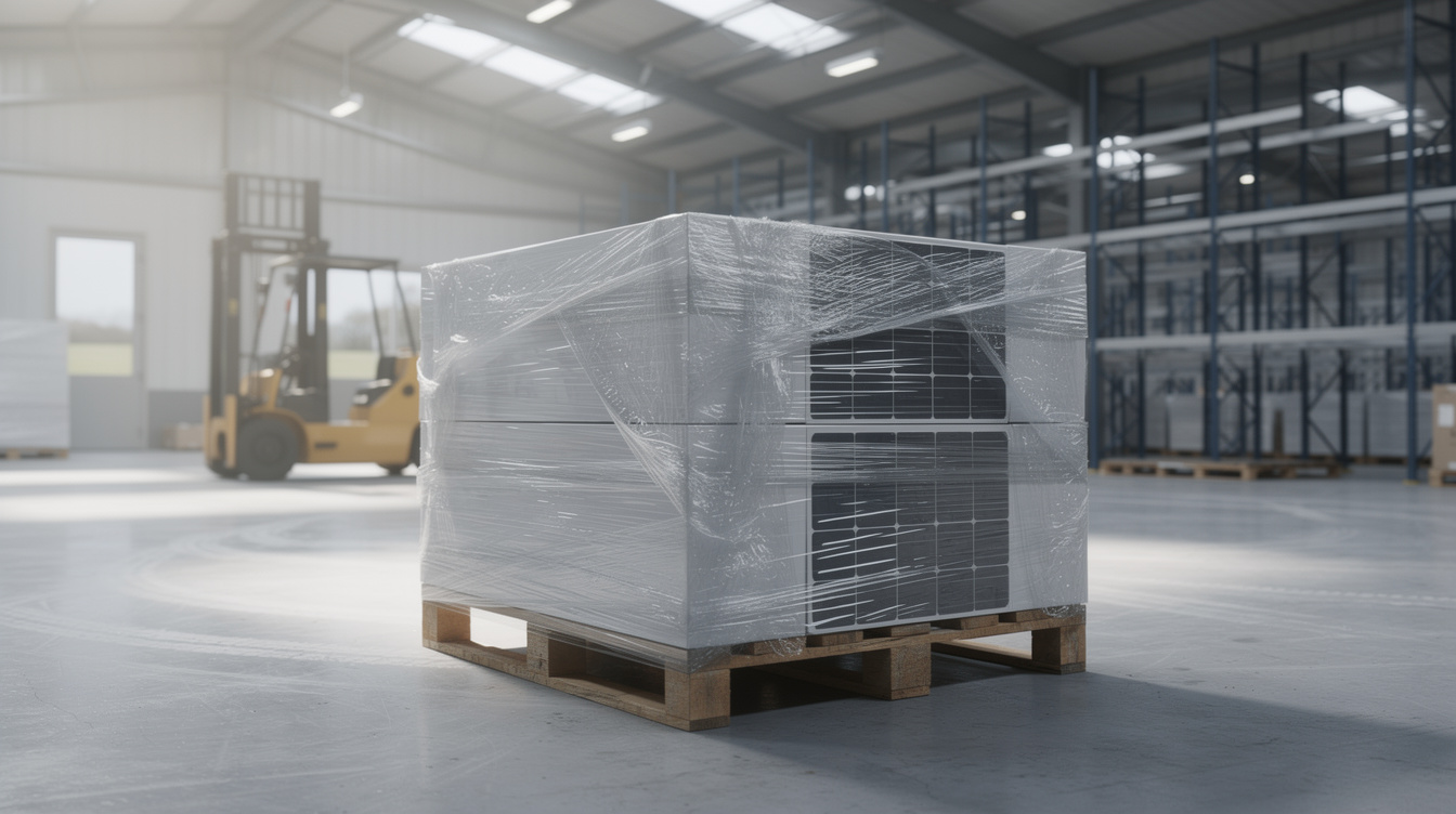 Stacked packaged solar panels wrapped in plastic on wooden pallets in warehouse