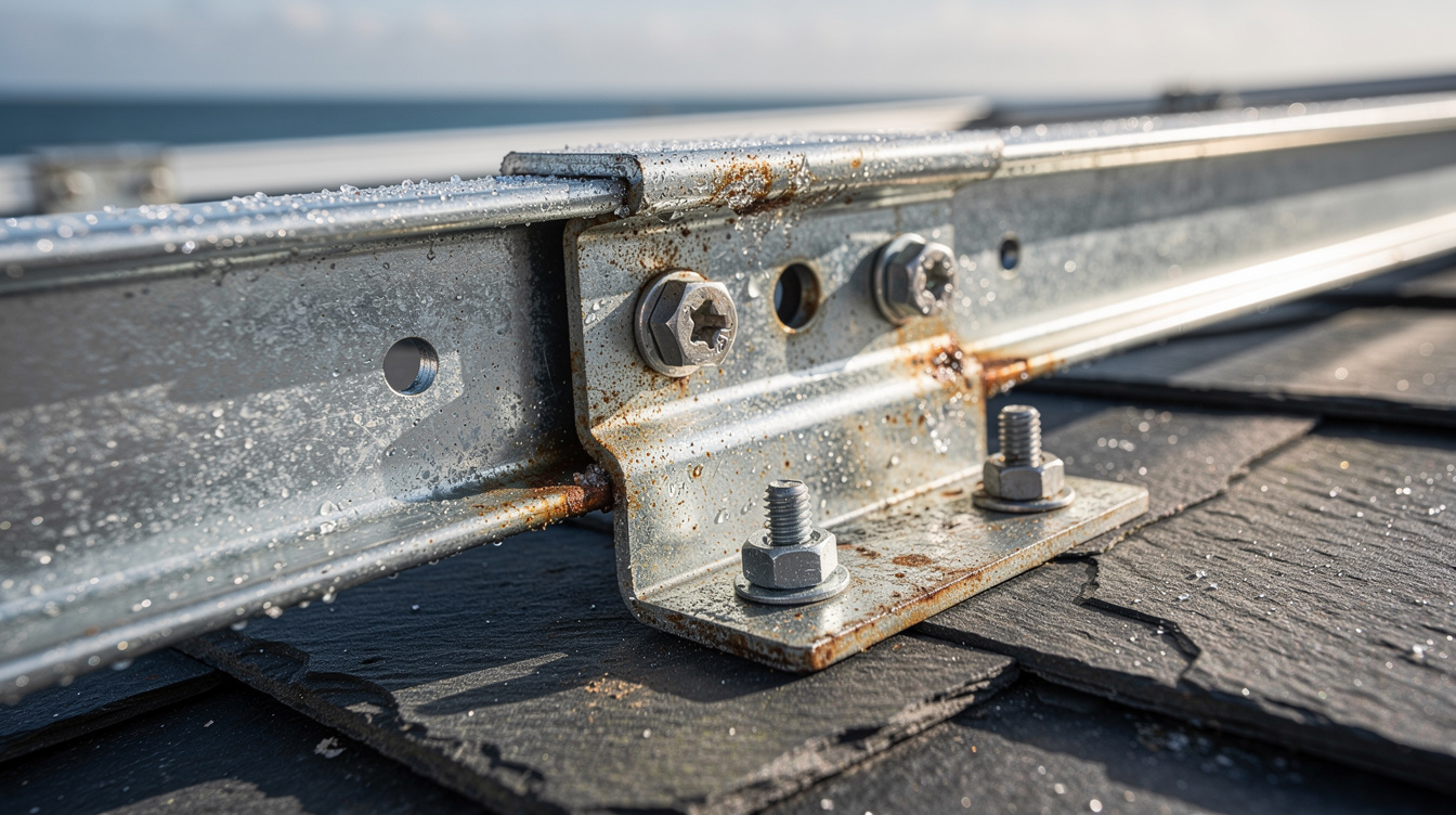 Close-up of aluminium solar mounting rail on slate roof with salt spray droplets and stainless steel bolts