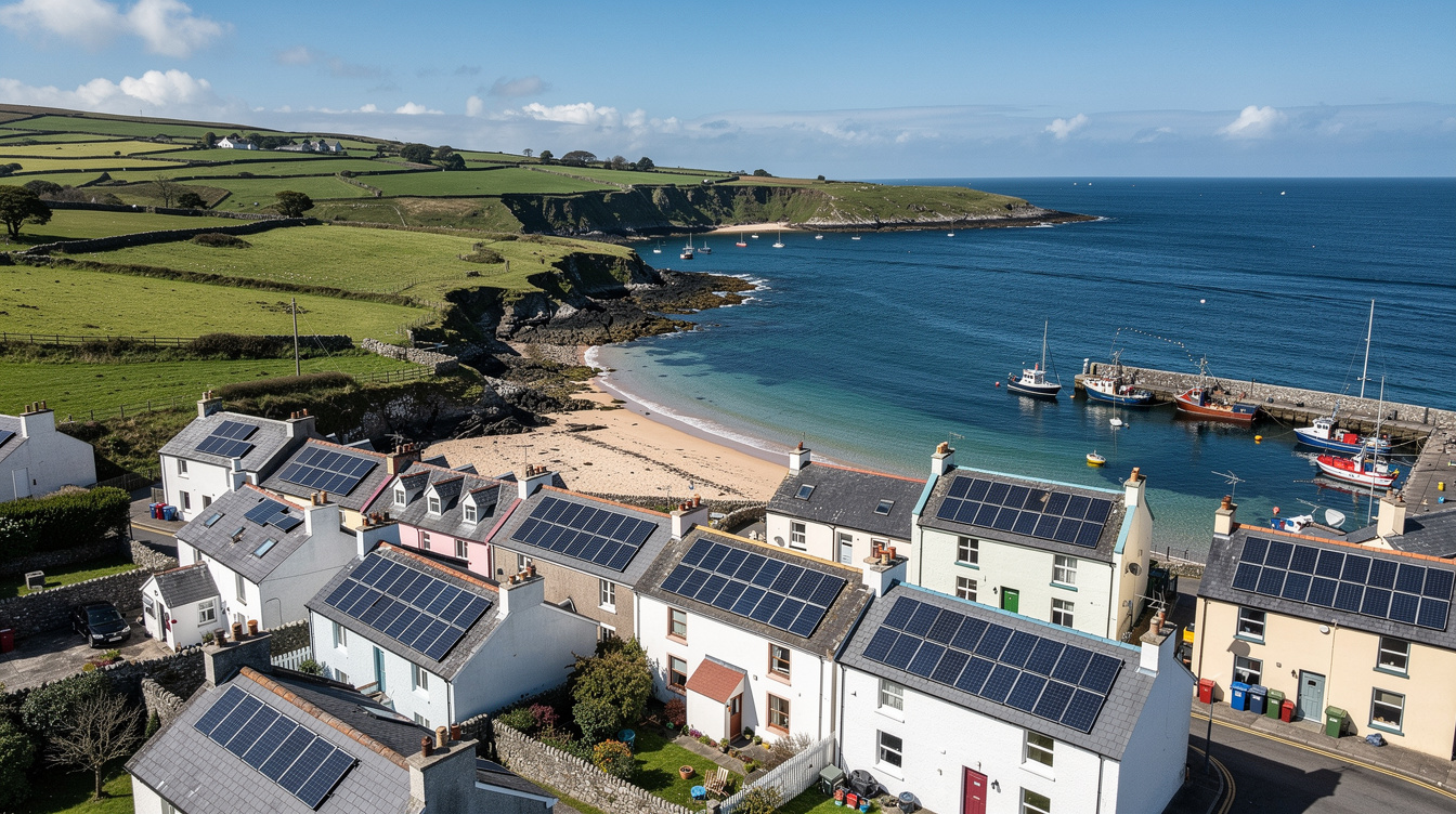 Aerial view of a bright Irish coastal village with solar panels on multiple slate rooftops and fishing boats in the harbour