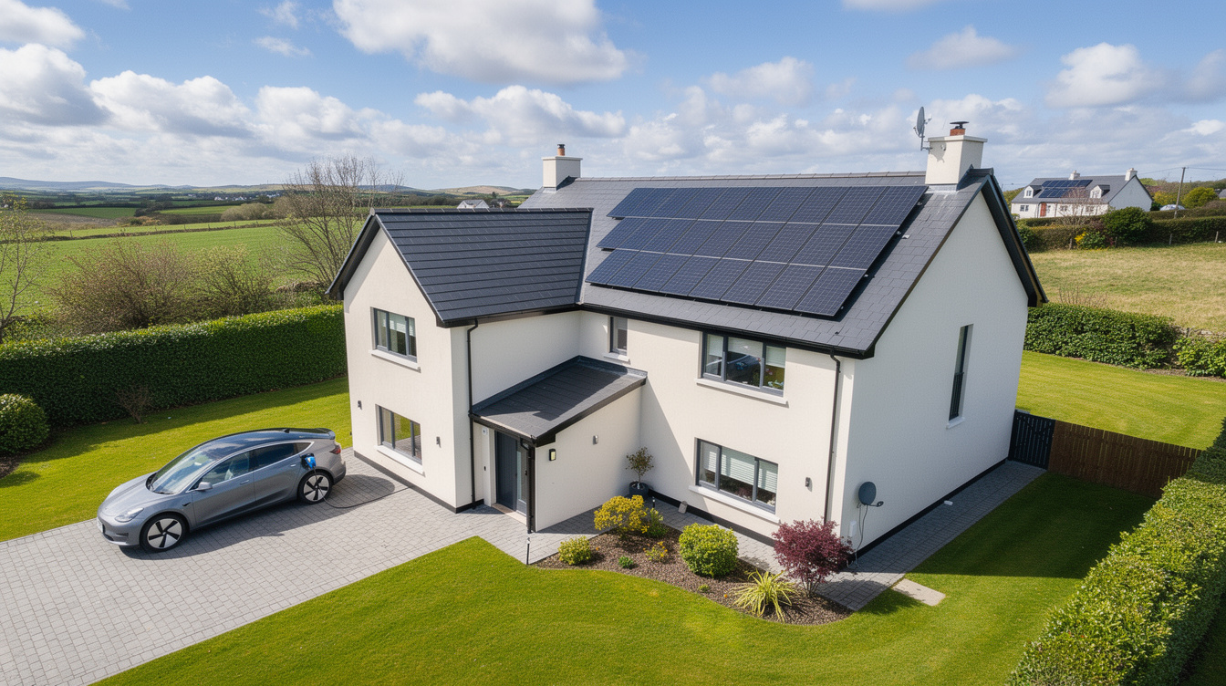 Irish home with rooftop solar panels and EV parked on driveway