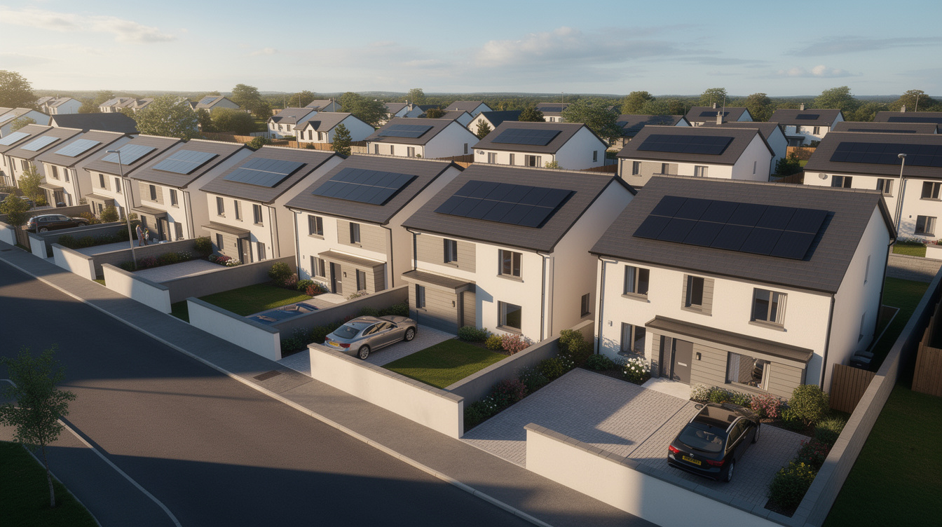 Aerial view of a row of new-build Irish A-rated houses with solar panels on south-facing roofs