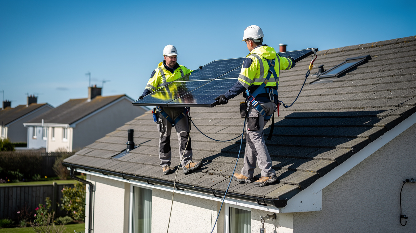 Two installers on an Irish suburban roof fitting a solar panel
