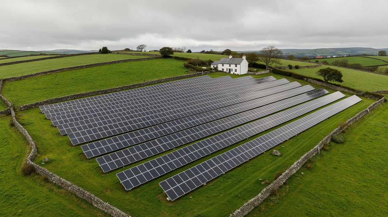 Aerial view of a large ground-mounted solar array in an Irish rural landscape