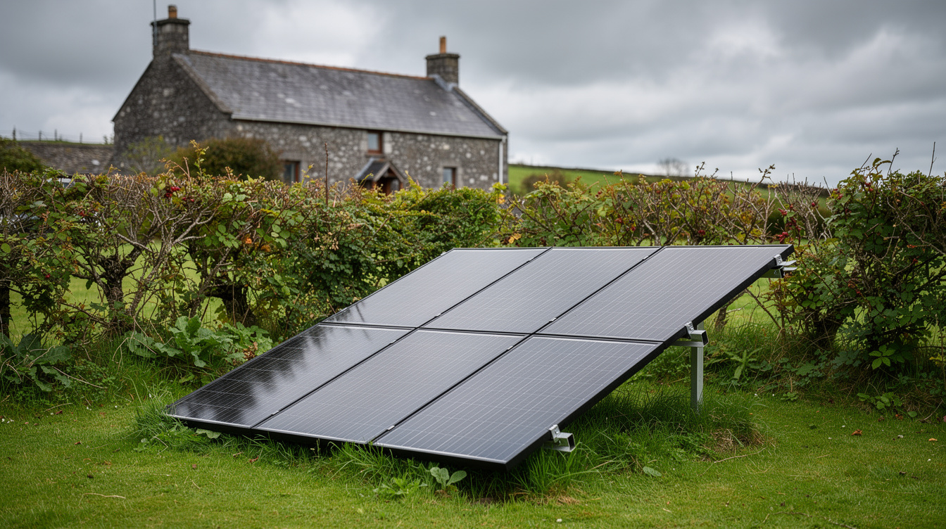 Ground-mounted solar panel array in an Irish garden with a stone cottage in the background