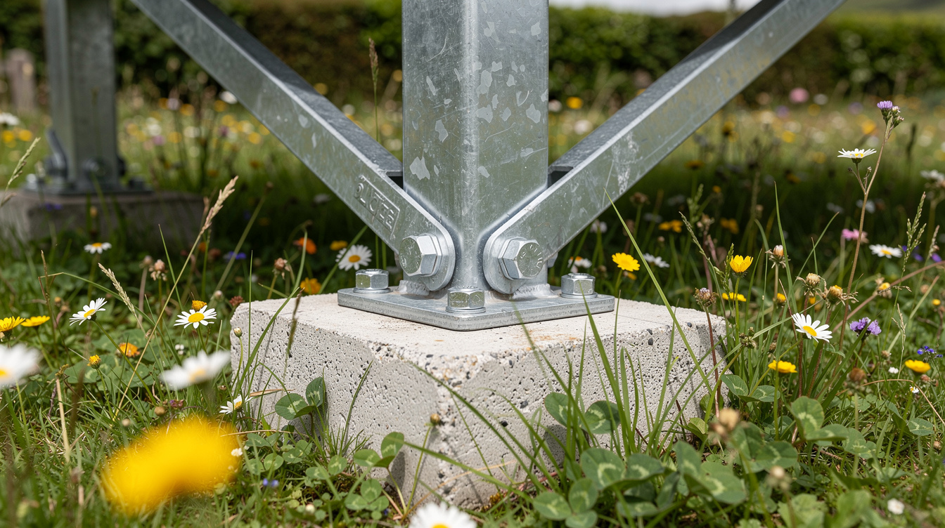 Galvanised steel ground-mount frame anchored to a concrete pier foundation in an Irish garden