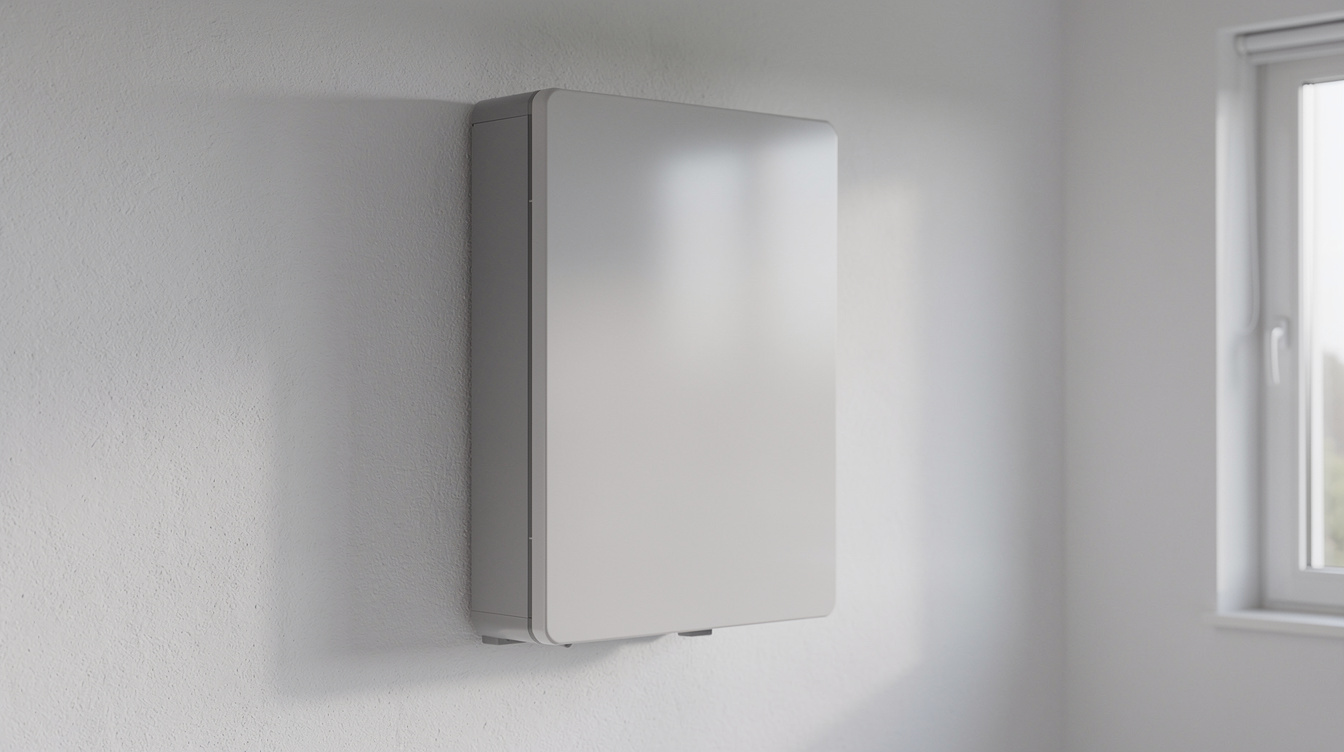 Home solar battery unit installed on a utility room wall