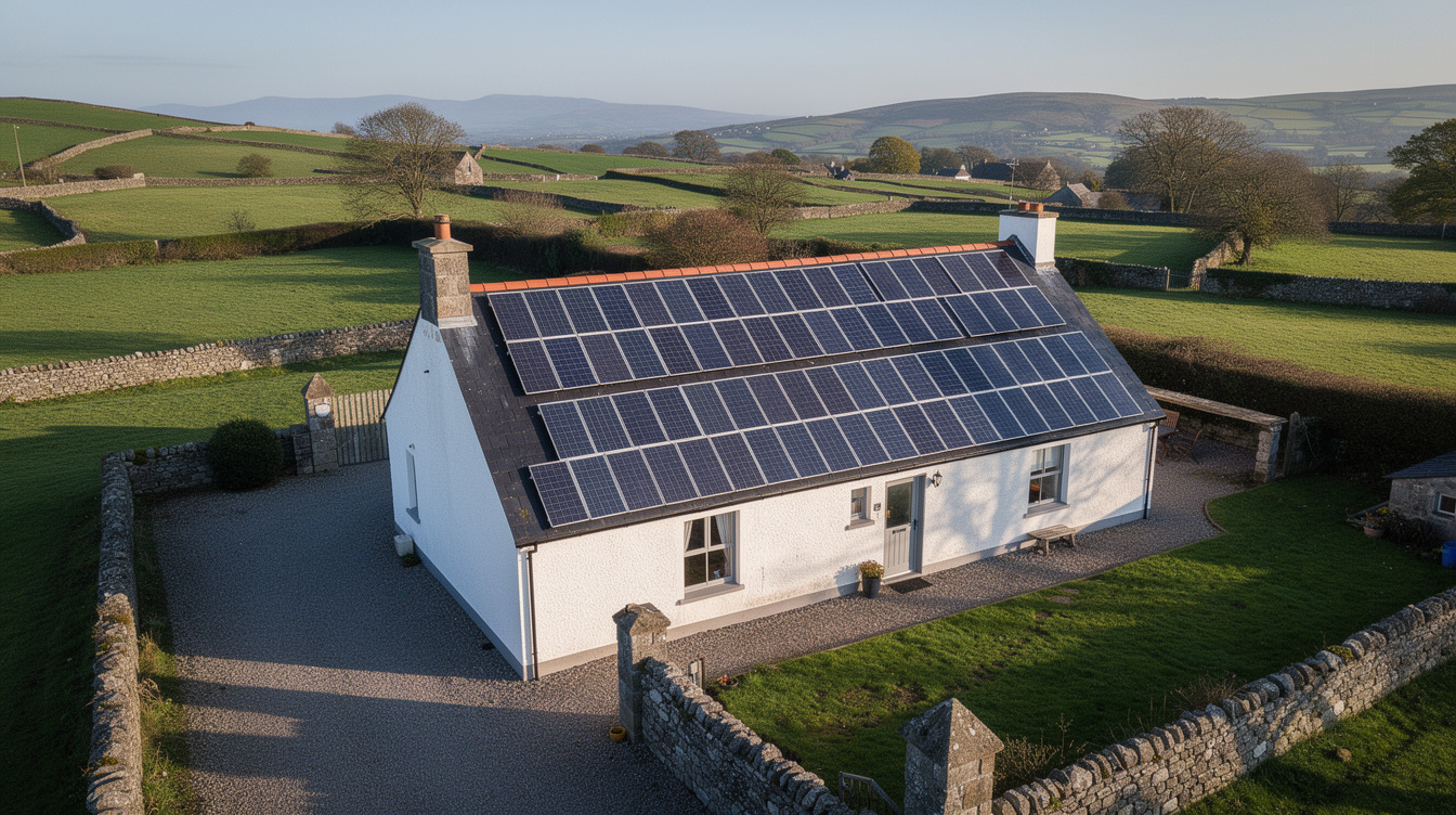 Large Irish farmhouse roof with a full 20-panel solar array covering the south-facing pitch, green fields background