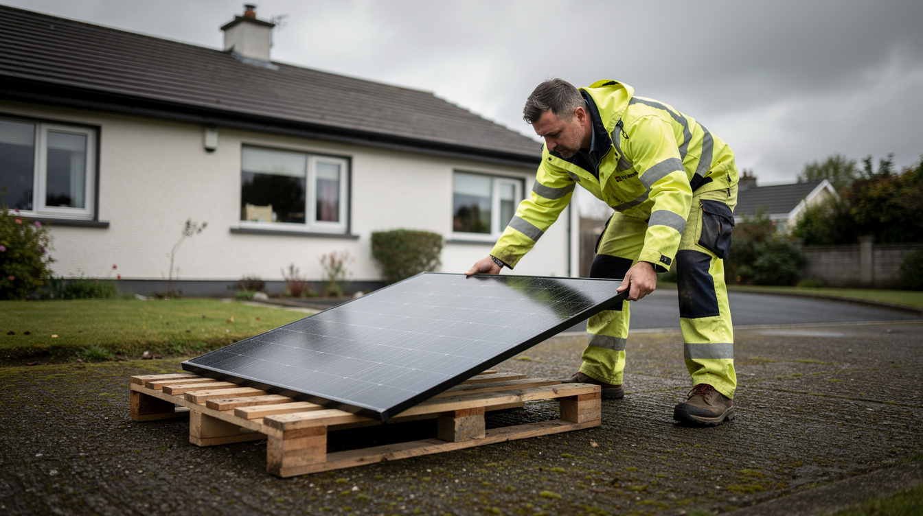 Installer laying out a single black monocrystalline solar panel on a wooden pallet in an Irish driveway