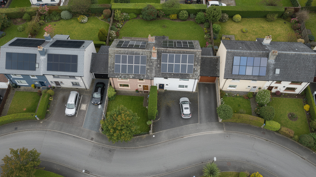 Aerial view of Irish suburban houses with solar panels on the rooftops