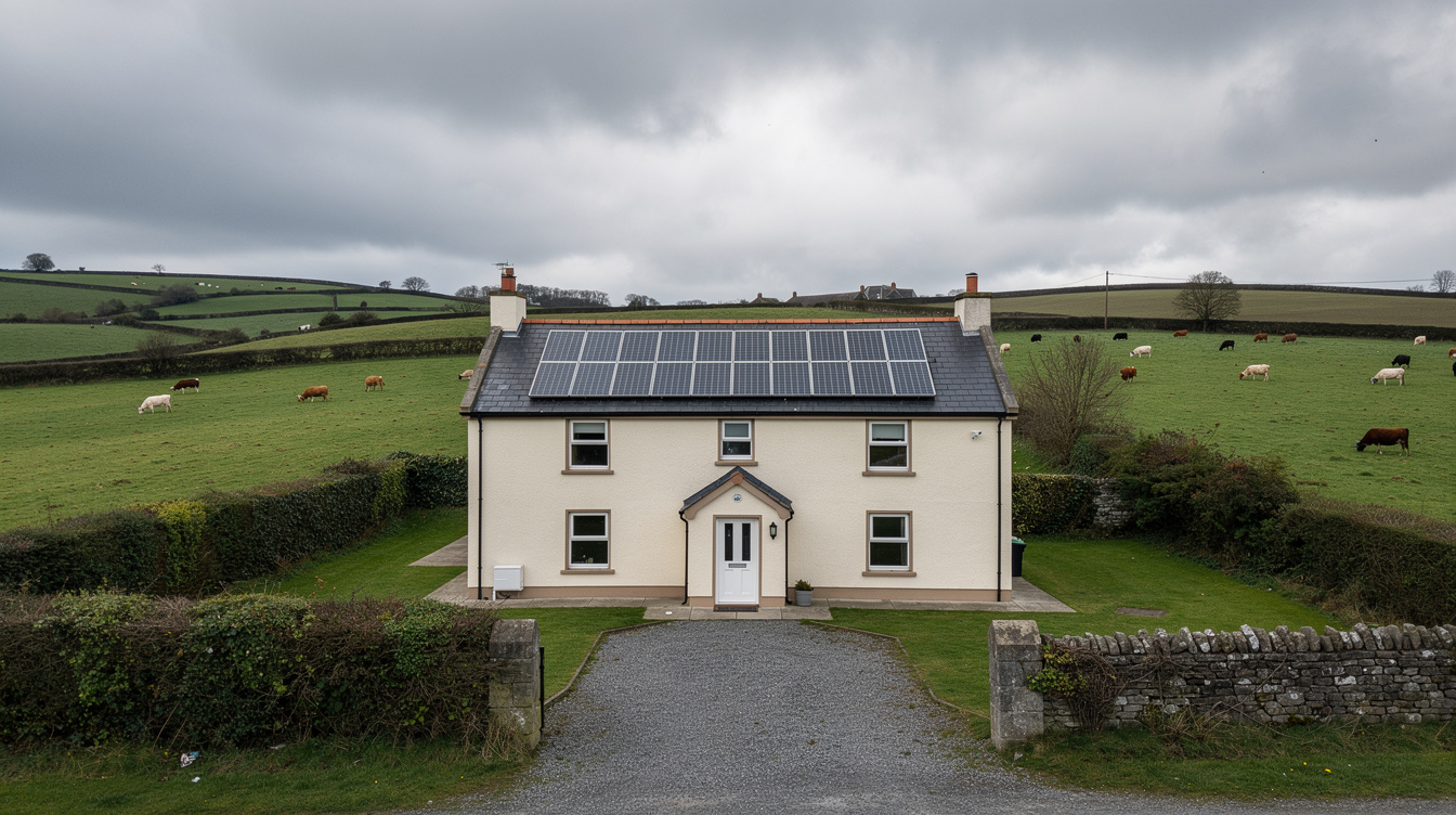 Rural detached farmhouse near Longford with south-facing solar panels on the roof and green farmland stretching to the horizon