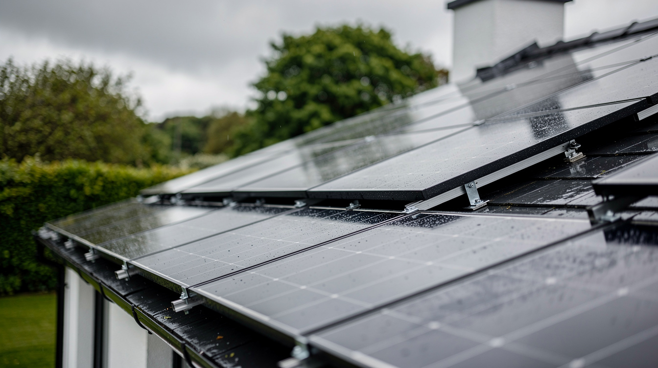 Close-up of solar panels installed on a Longford Irish house roof with rain droplets on the panels and green trees behind