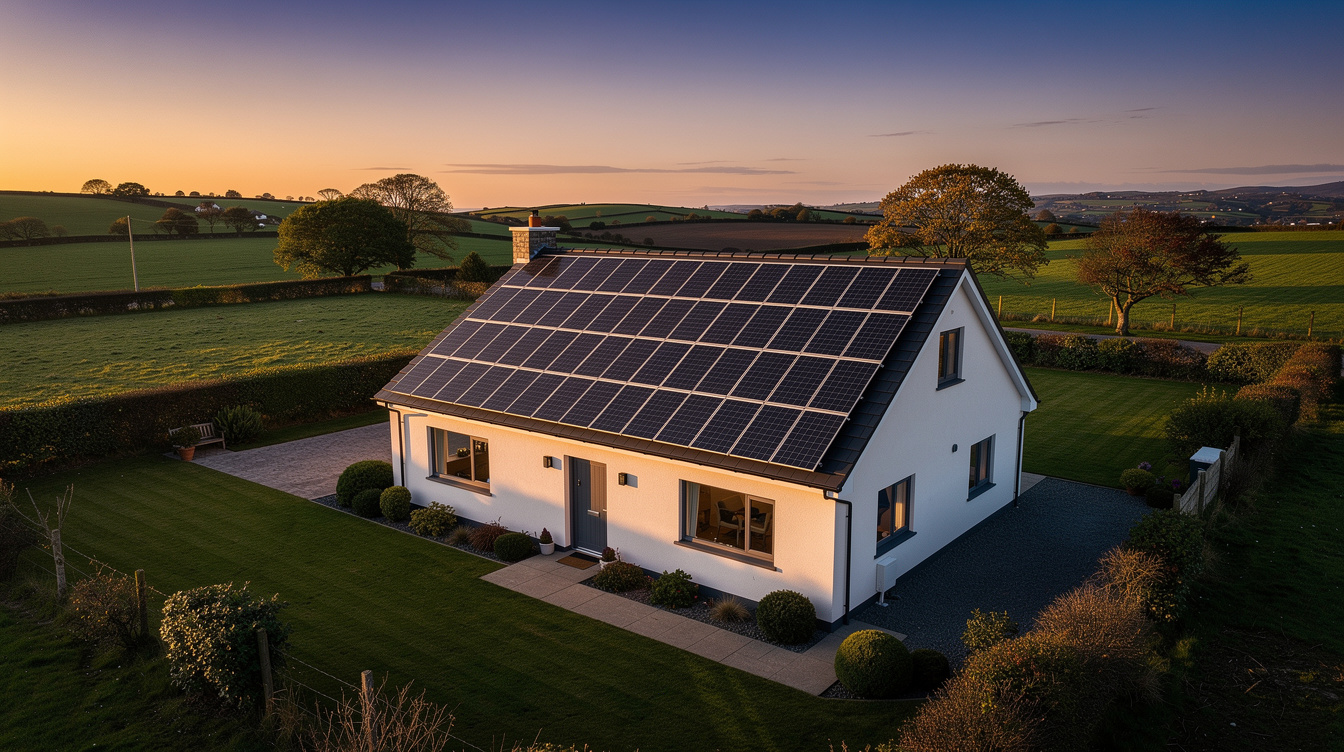 Irish home with a full solar panel array at dusk, viewed from above