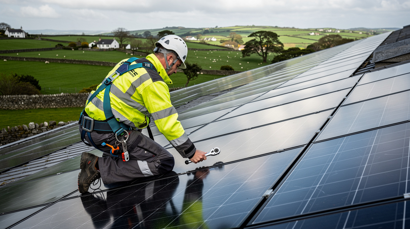 Solar installer inspecting installed panels on an Irish rooftop