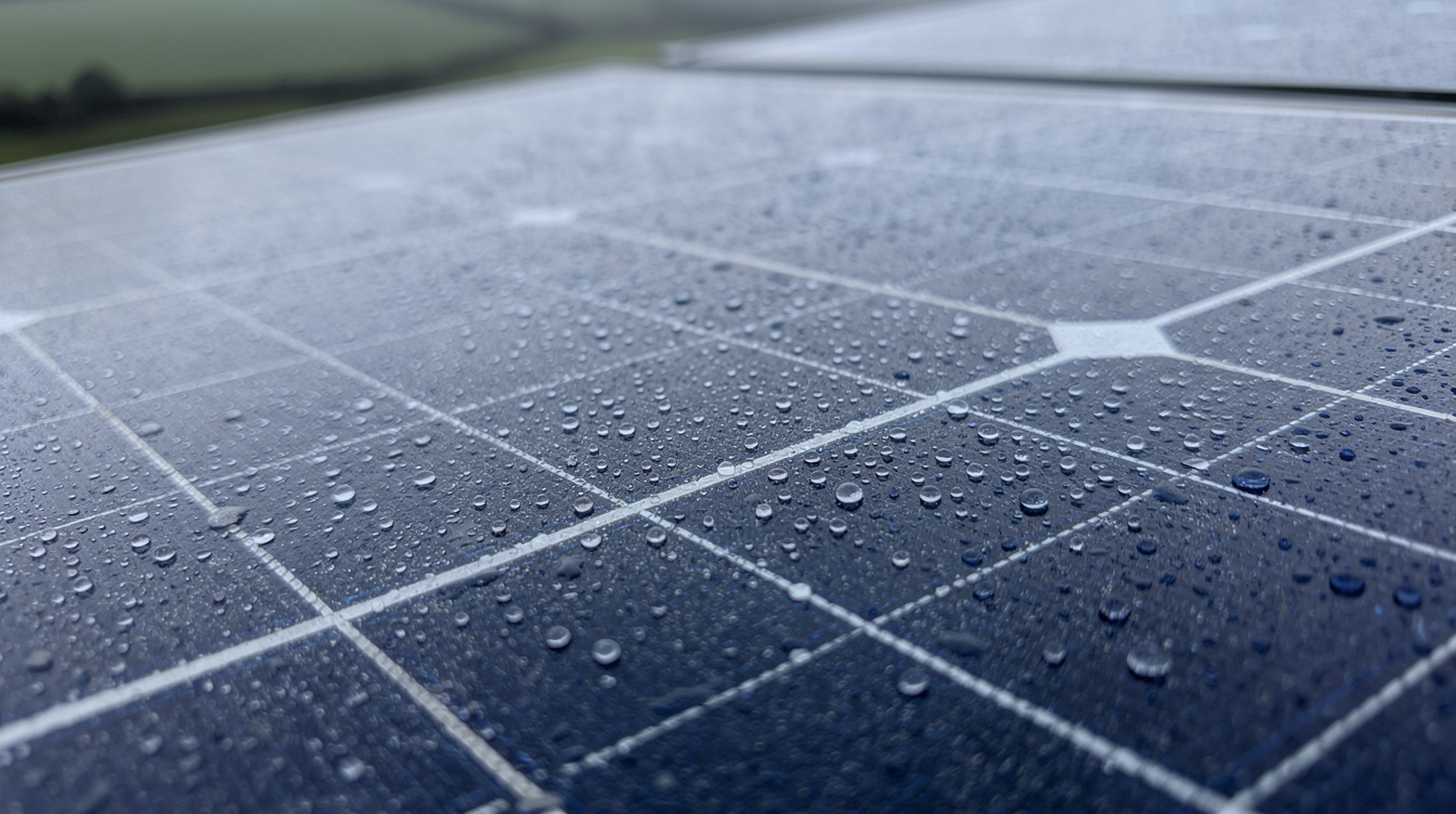 Rain droplets on a solar panel surface, close-up