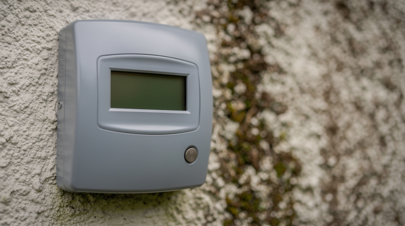 Modern Irish domestic smart electricity meter mounted on external house wall in white cabinet