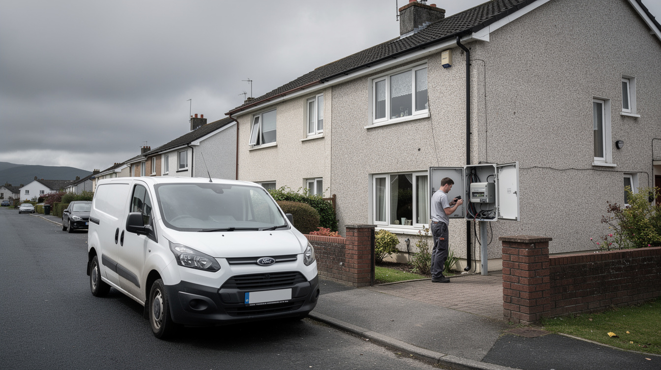 ESB Networks van outside an Irish suburban house with the meter box open