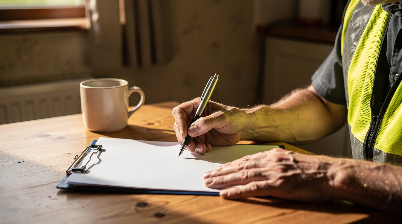 Electrician filling in ESB Networks paperwork on a clipboard after solar commissioning