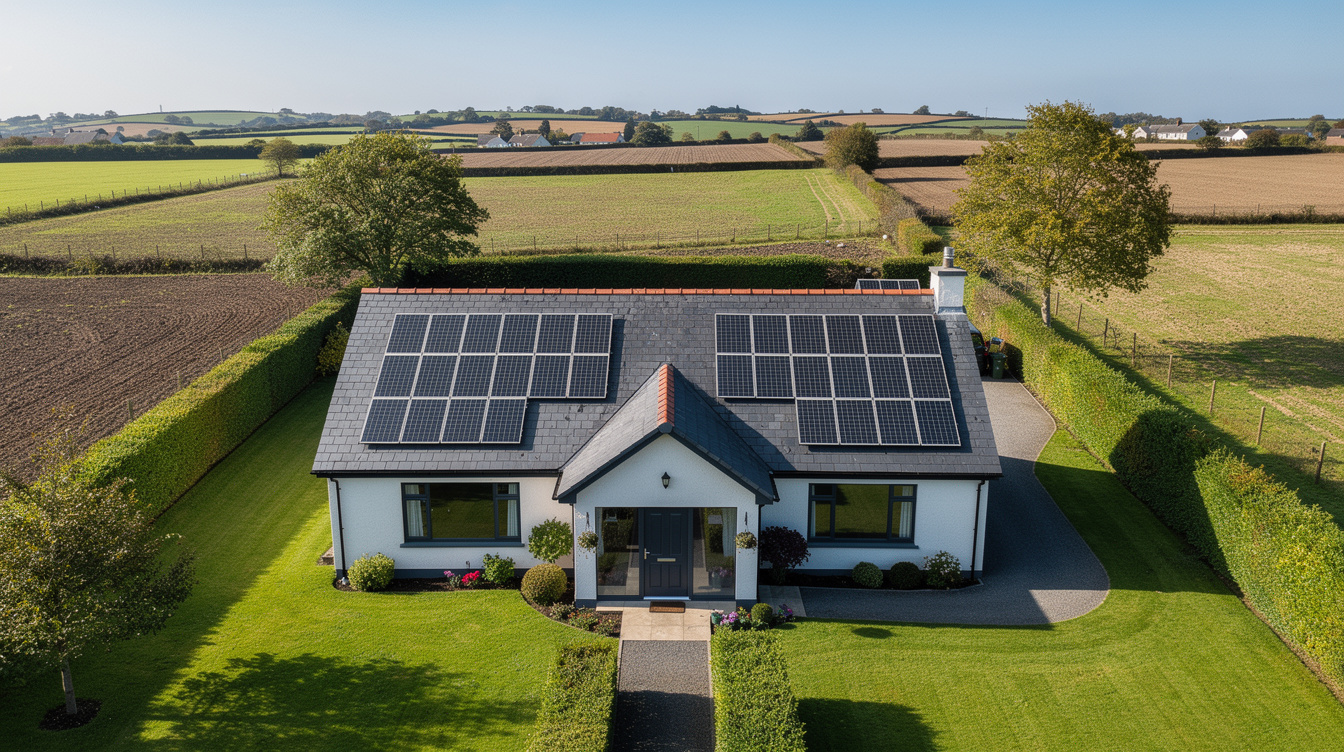 Aerial view of an Irish detached house with solar panels split across east and west roof slopes, meeting at the central ridge