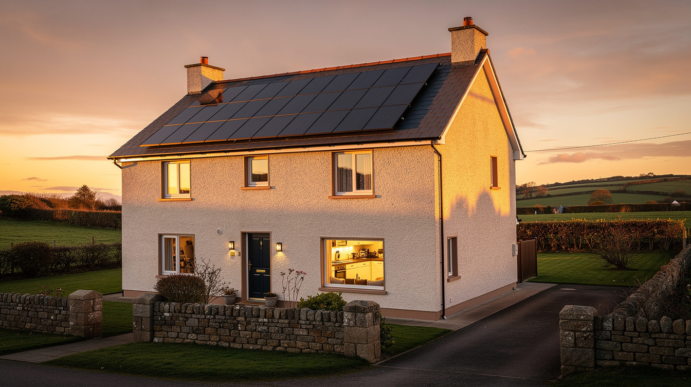 Irish family home at sunset with warm golden light on west-facing solar panels and lit kitchen window visible inside
