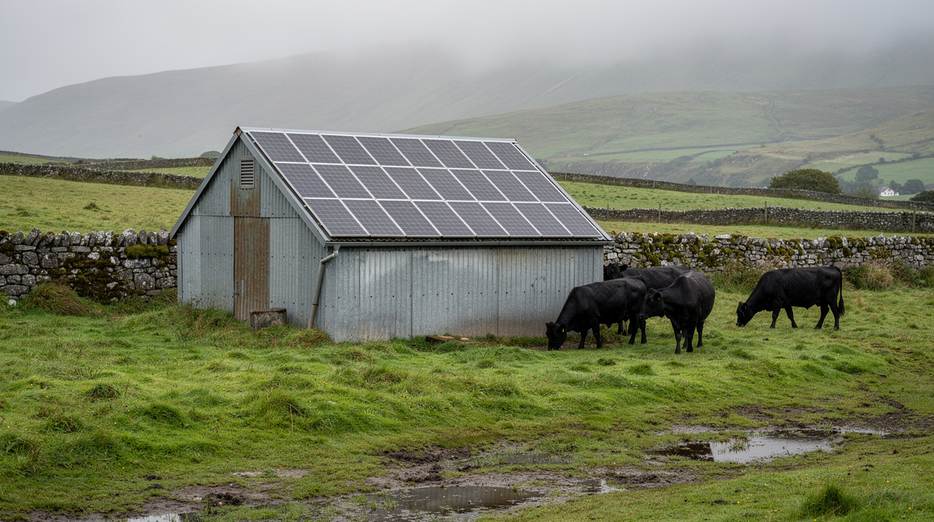 Corrugated Irish farm shed with solar panels on the south-facing roof and grazing cattle in the foreground