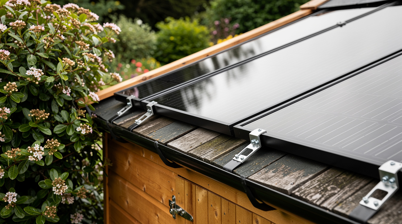 Close-up of black solar panels mounted on the wooden pitched roof of an Irish garden shed with mounting rails and clamps visible