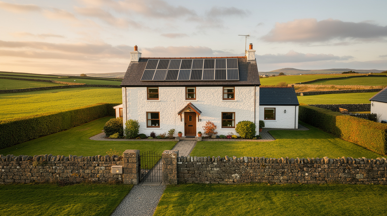 Traditional Irish rural home at golden hour with a neat solar panel array on the slate roof