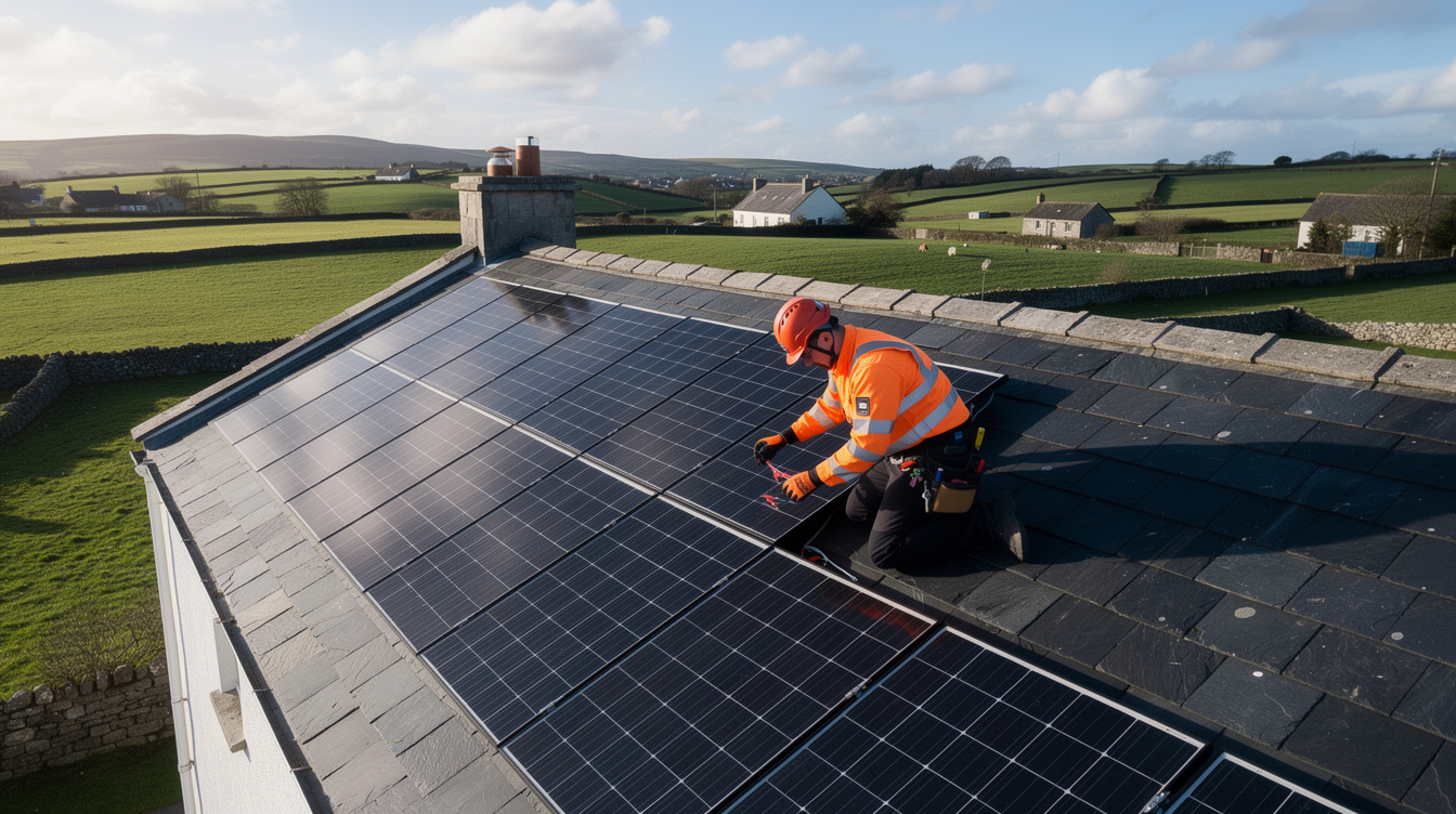 Solar installer in orange hi-vis vest fitting panels on an Irish slate rooftop with green fields behind