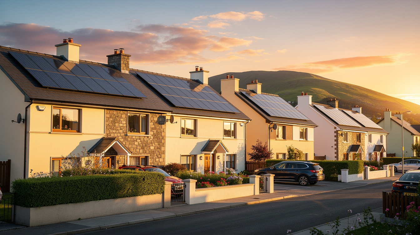 Irish suburban street at sunset with solar panels visible on multiple slate roofs and mountains behind