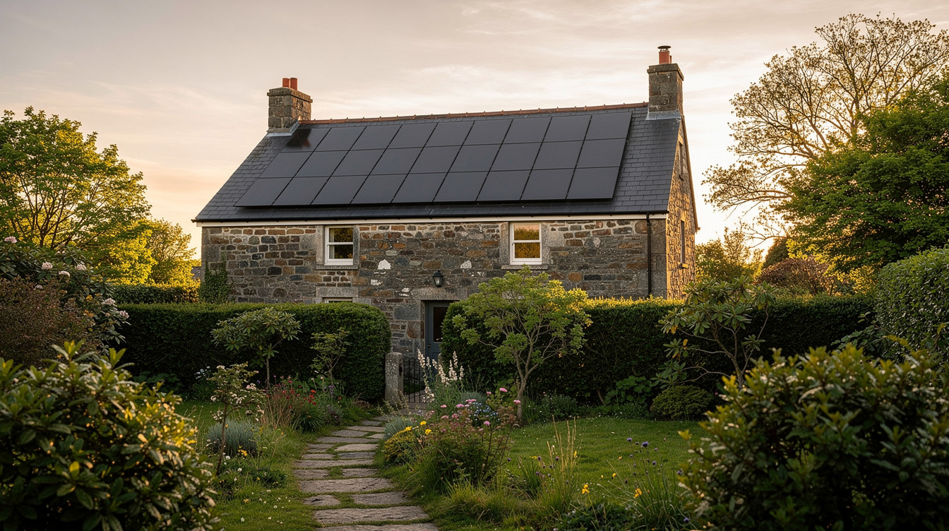 Irish stone cottage with solar panels on the rear roof only, front elevation preserved