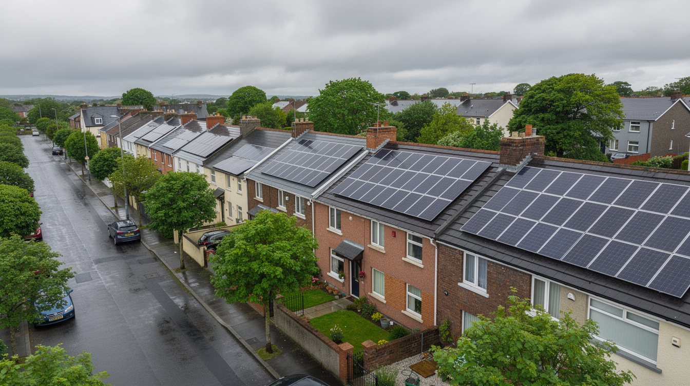 Aerial view of Irish rental terraced houses with solar panels on multiple rooftops in Dublin suburbs