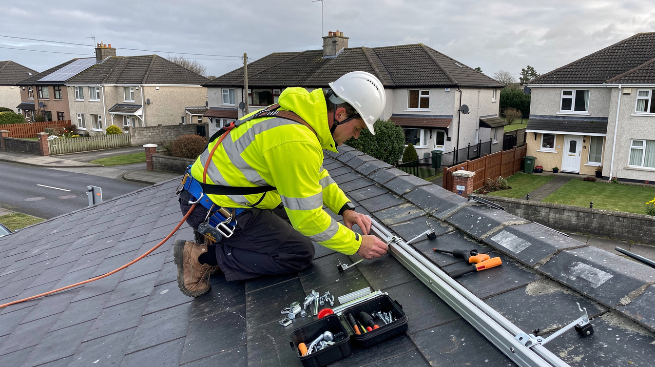 SEAI-registered installer in hi-vis jacket installing solar panel rails on an Irish semi-detached rental property roof