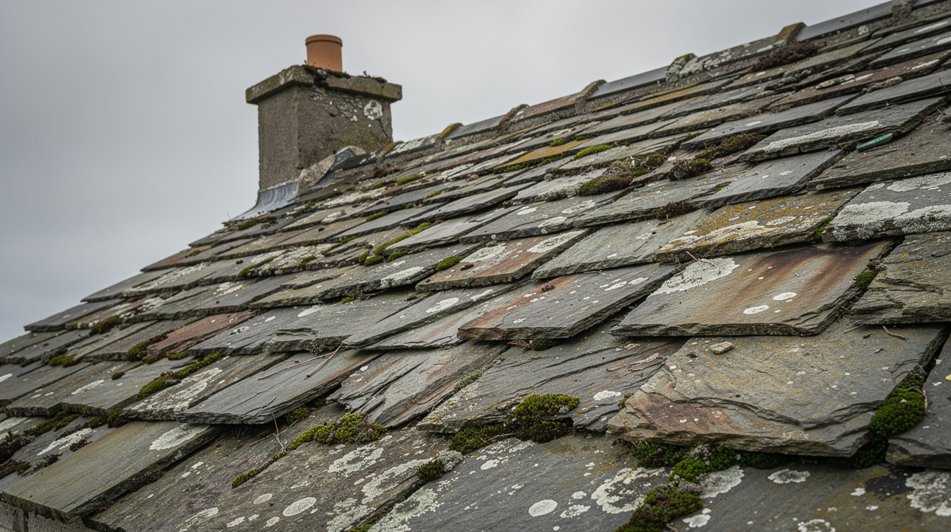 Aged worn slate roof with visible moss growth and weathering on an Irish house that needs replacement