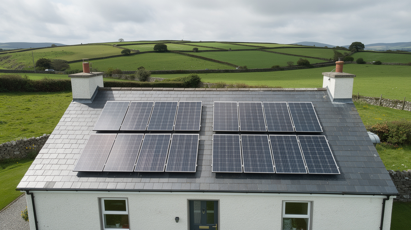 Aerial view of Irish country cottage with newly installed solar panels arranged in two neat rows on a freshly laid grey slate roof