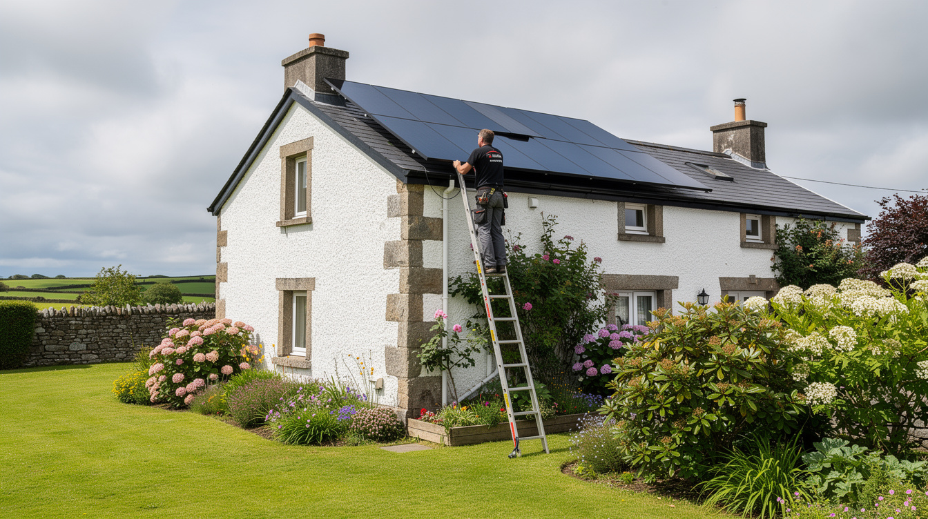 Registered Irish installer working on a solar installation on a traditional cottage