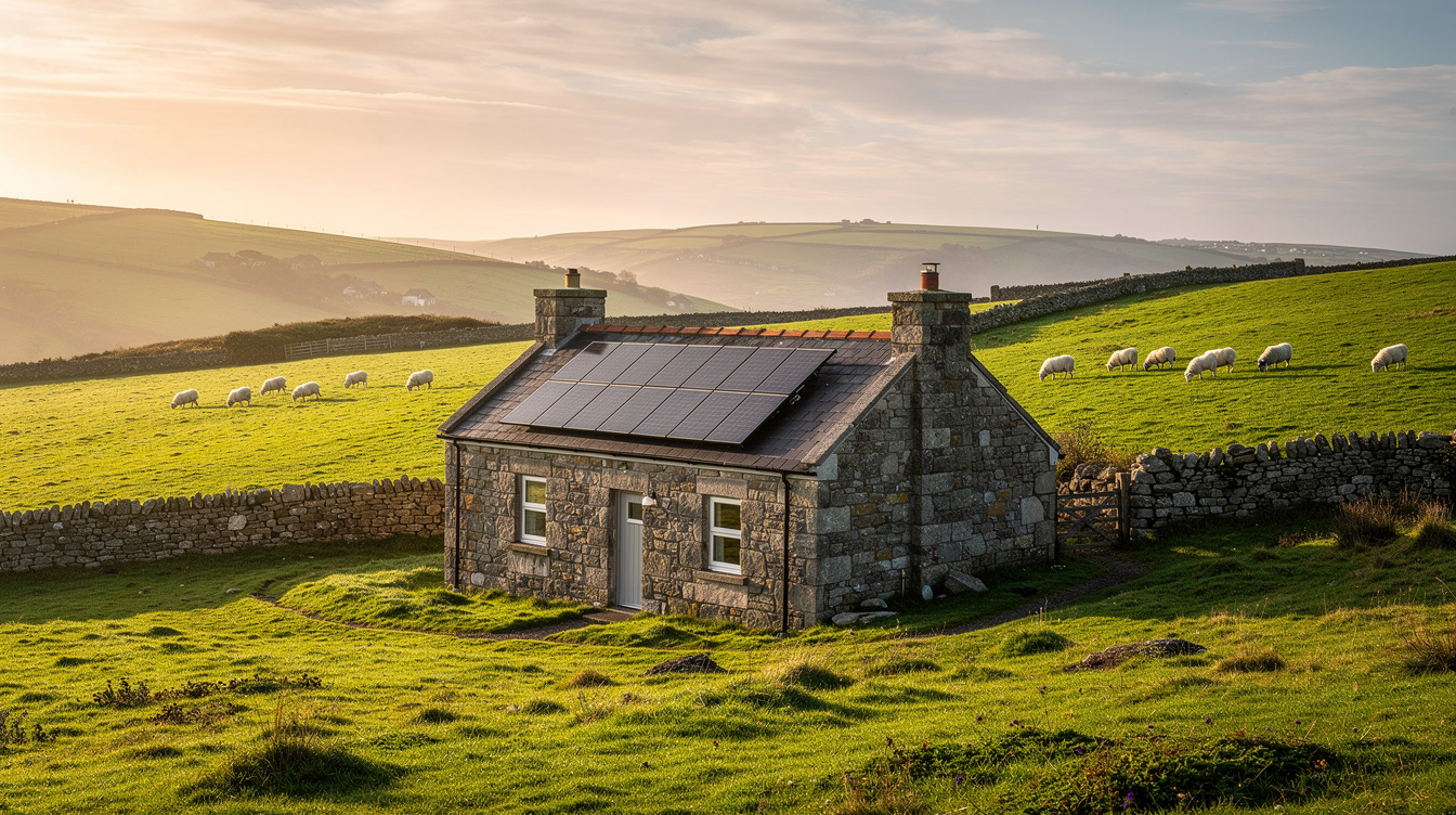 Traditional Irish cottage retrofitted with solar panels in the countryside