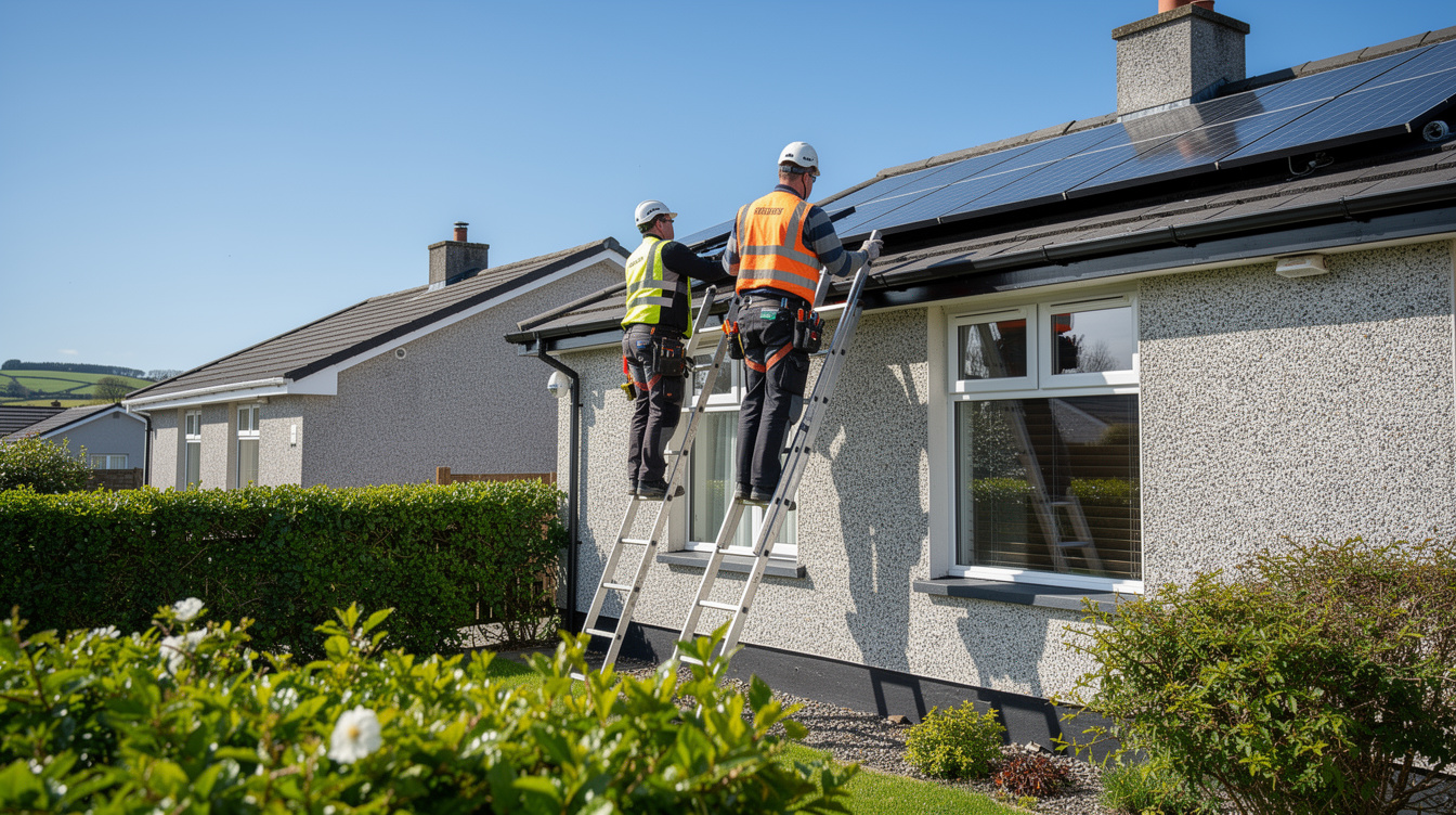 SEAI-registered installers fitting solar panels on an Irish home during a retrofit funded by the Home Energy Upgrade Loan