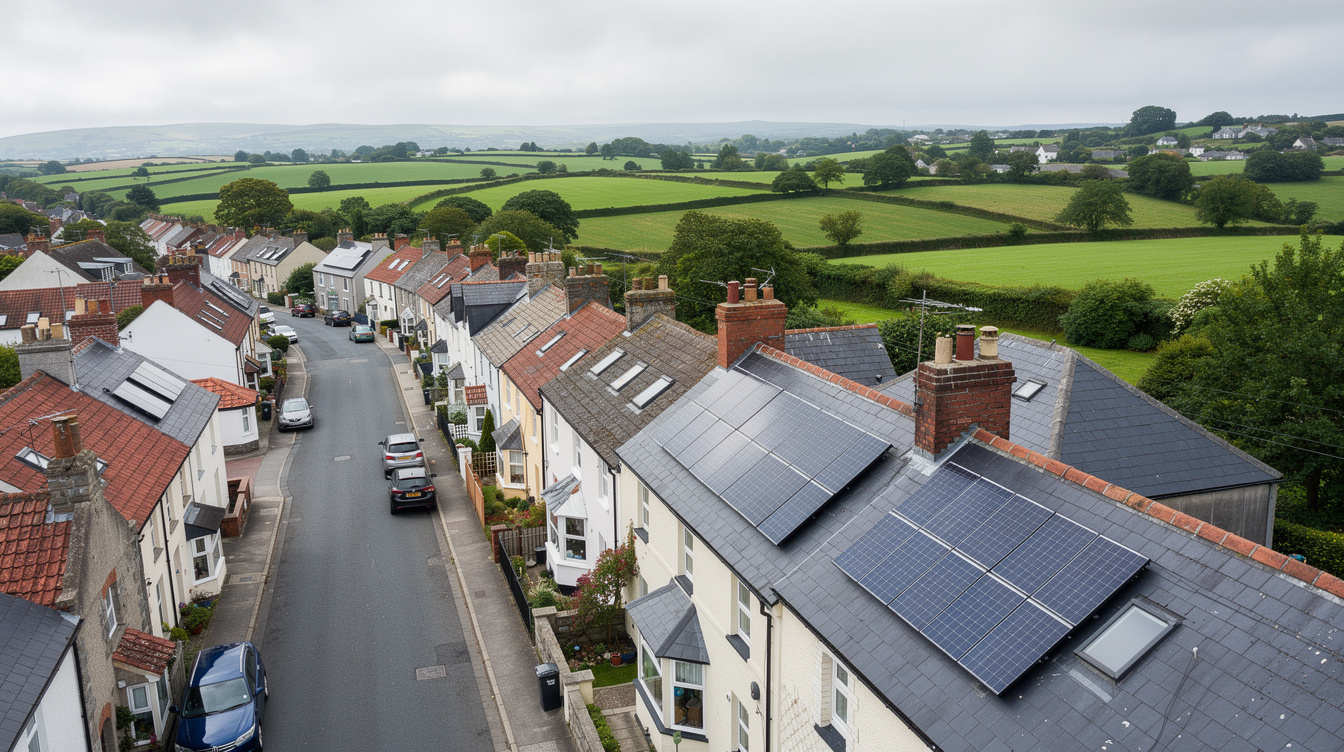 Aerial view of an Irish town street with mixed solar installations across neighbouring roofs