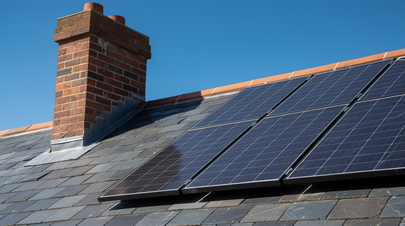 Close-up of a red brick chimney casting shadow across half of a solar panel array on an Irish slate roof at midday