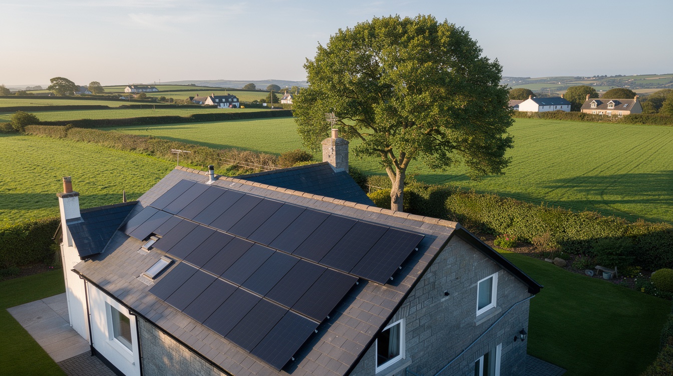 Aerial view of an Irish suburban home with solar panels on a slate roof and an oak tree casting partial shadow across half the panels