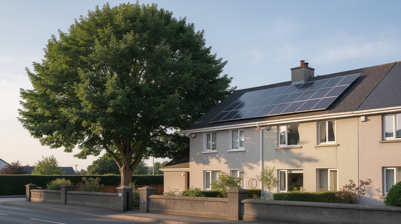 Mature ash tree next to an Irish suburban house, morning shadow falling across the solar panel array on the slate roof