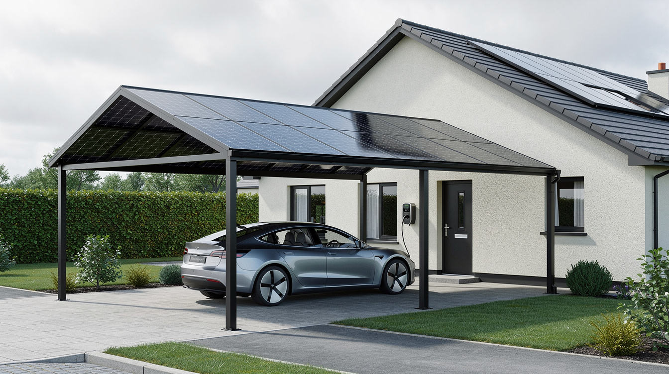Solar carport over Irish driveway with electric vehicle charging