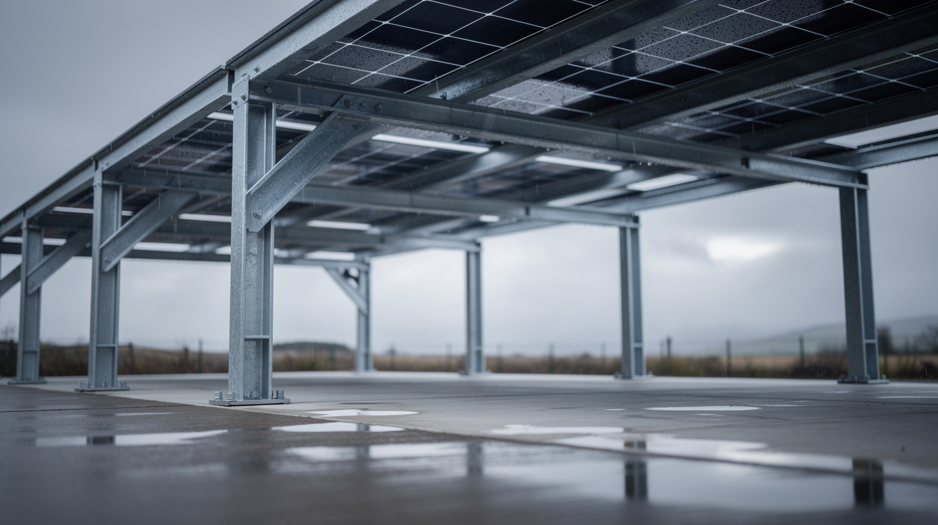 Steel frame solar carport structure supporting PV panels